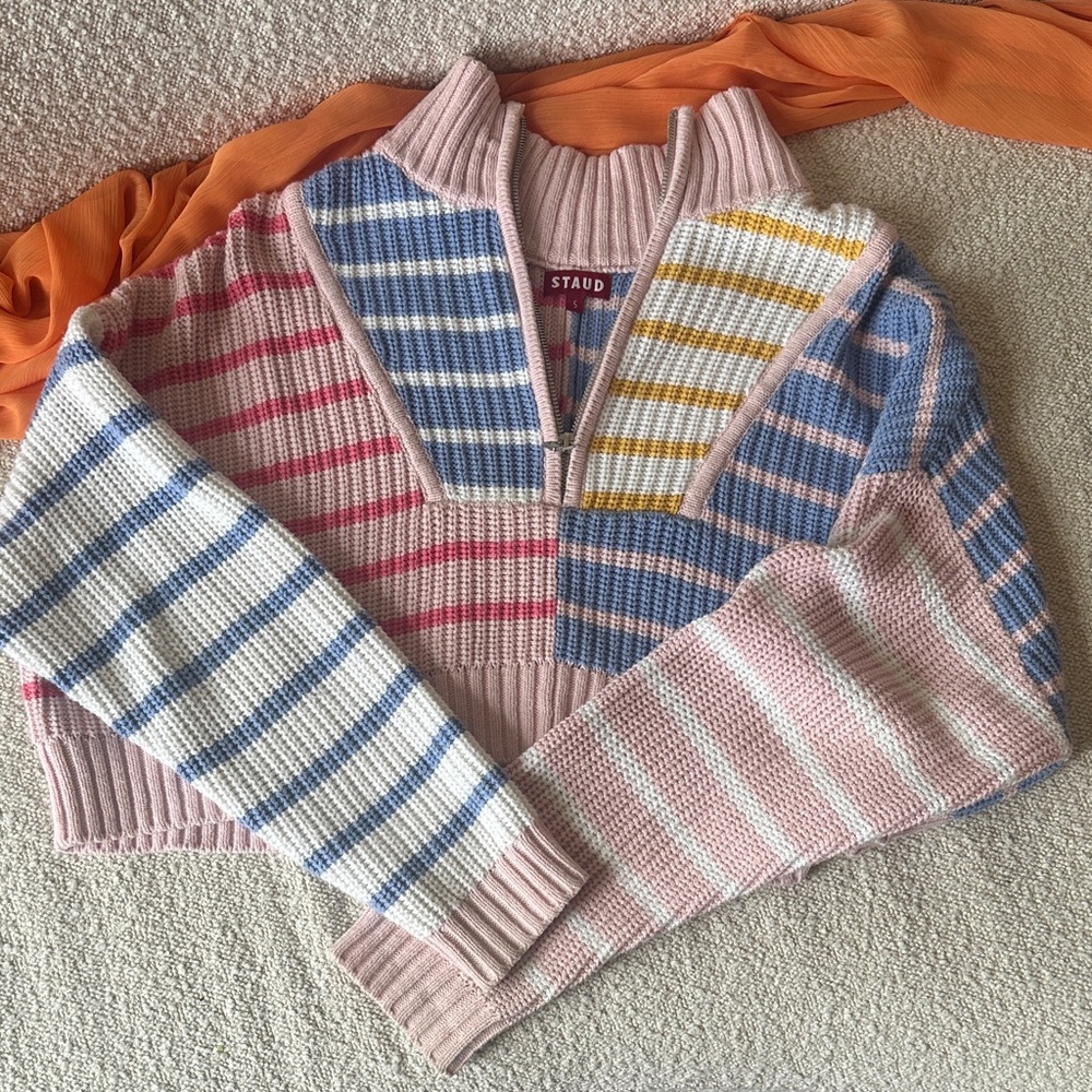 STAUD Pink Multi-Stripe Cropped Half-Zip Sweater